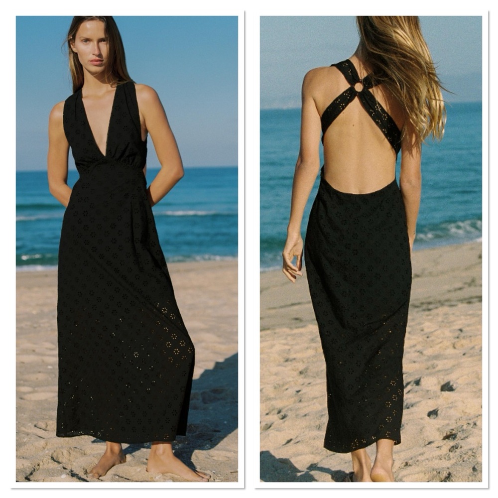 Zara V-Neck Openwork Embroidered Maxi Dress Sz:M Black
